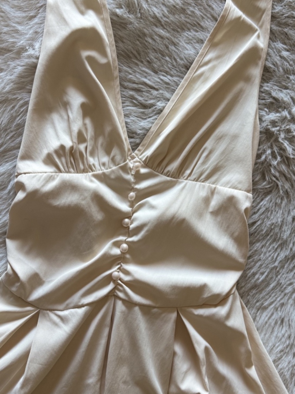 Cream Halter Fit & Flare Mini Dress | Deep V Neck | Feminine Coquette Dress - Picture 3 of 7